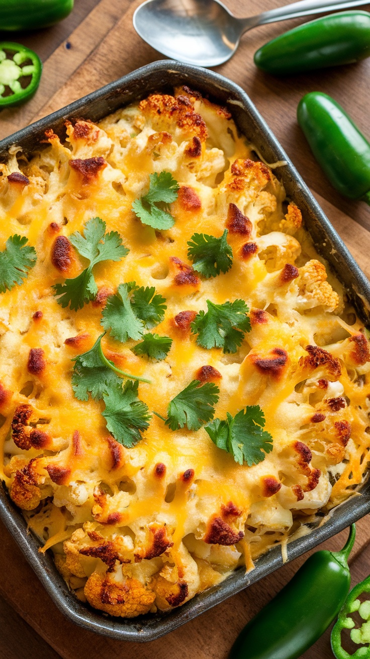 A golden brown jalapeño cheddar cauliflower bake in a casserole dish, topped with melted cheese and jalapeños.